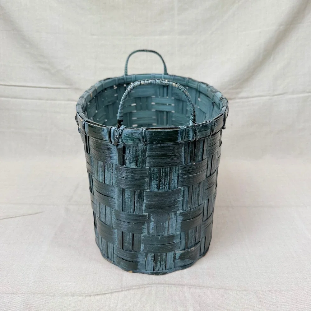Vintage Dark Green Wicker Storage Basket Oval Handled Basket Cottage Decor